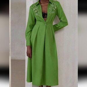 Long Sleeve Shirt Collar Solid Color Rhinestone Embellished Dress